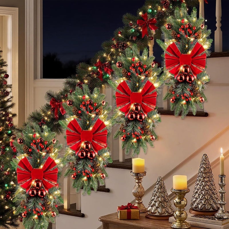 Julako Christmas Teardrop Swag for Decorating, 24" Prelit Cordless Stair Decorations with Lights, 1 Pcs Artificial Christmas Garland Wreath for Staircase Front Door Home Window Decor (Red & Green) - Image 1